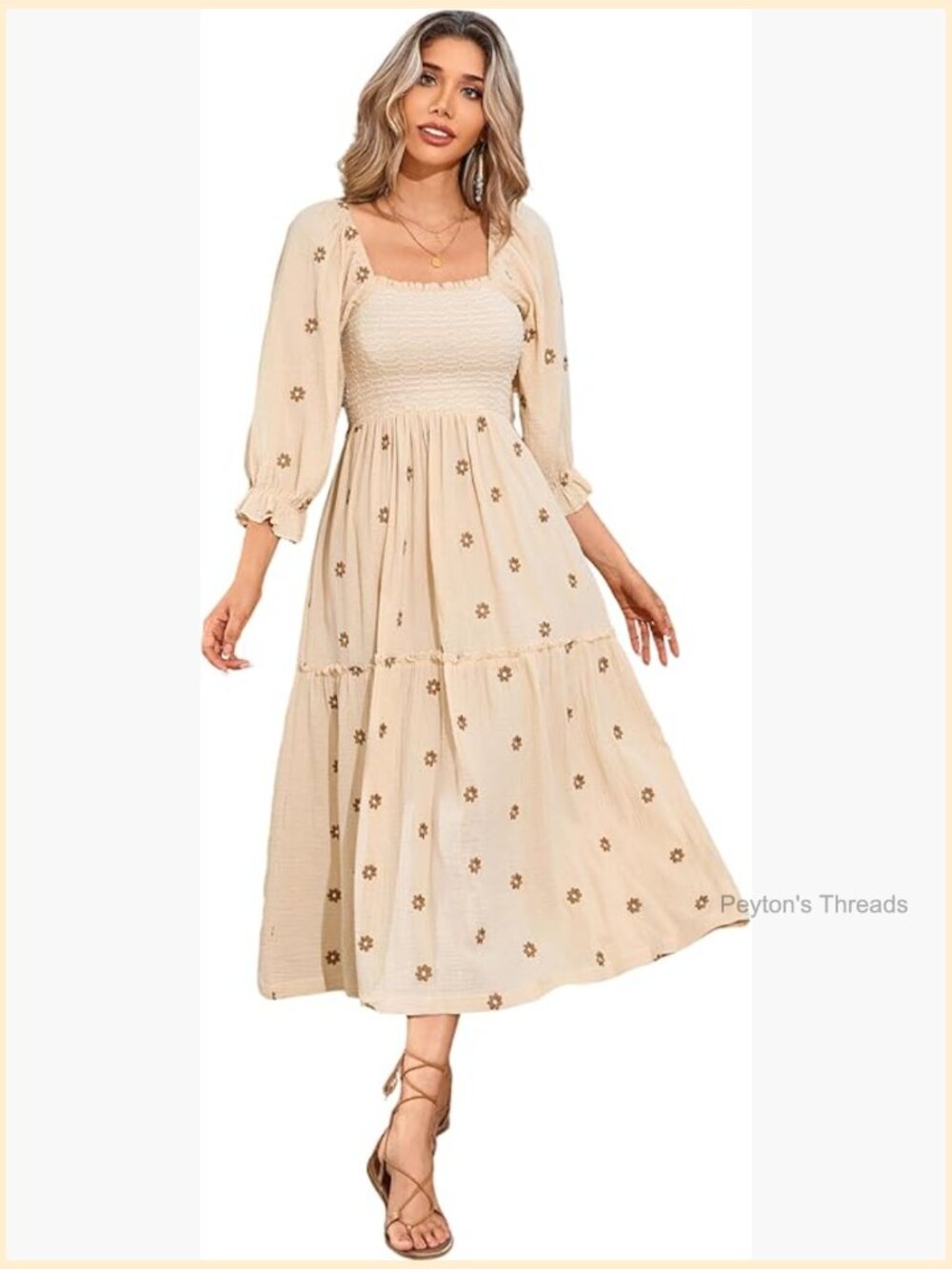 Long Sleeve Cotton Boho Midi Dress Square Neck Floral Embroidered Tiered Ruffle